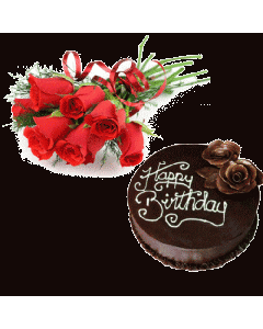 Buy Yummy Chocolate Cake and 6 Red Roses Bunch Online