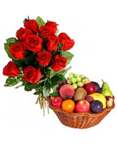 2 Kg Fruit Basket with 12 Red Roses Bunch 