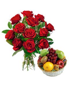2 Kg Fruit Basket with 12 Red Roses in a Vase 