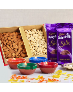Send Dryfruits With Dairy Milk Silk Chocolates And Diyas Hamper