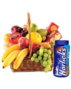 fresh Fruit basket combined with Horlicks and crunchy Biscuits 
