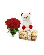Buy Roses Ferrero Rocher Box And Teddy Bear gift Online