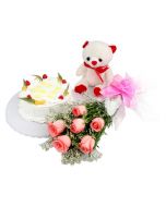 Buy Roses Pineapple Cake And Teddy Bear gift Online
