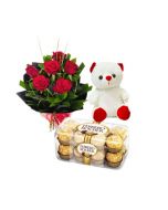 Buy Roses Teddy Bear And Ferrero Rocher Chocolate Gift Pack Online 